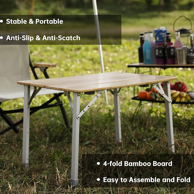 KingCamp Adjustable Height Folding Table 4-Fold Bamboo Camping Outdoor Portable RV Camp Table with Carry Bag for Outdoor Car Backyard Picnic Tailgating Beach