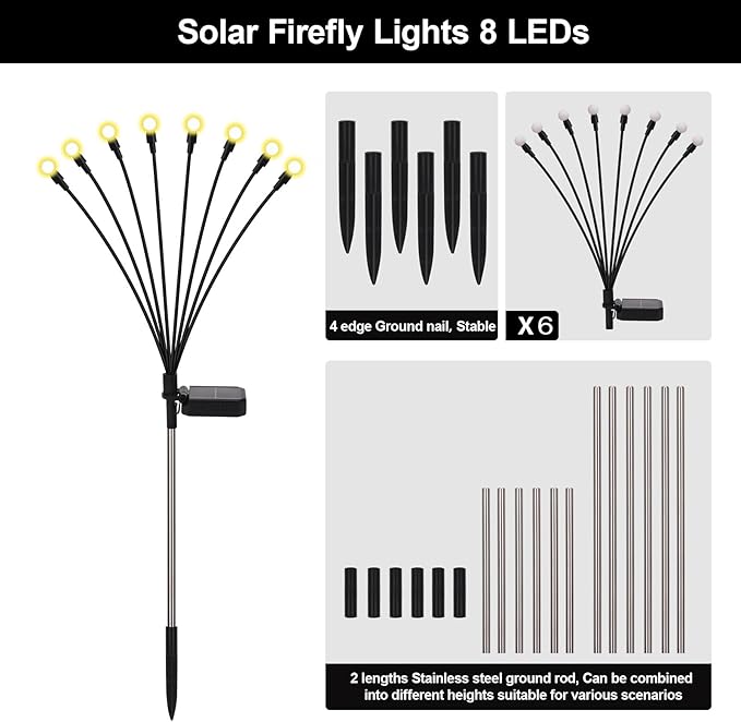 Firefly Lights Solar Outdoor 8 Modes 800mAh Swaying Solar Firefly Garden Lights Stakes Outdoor Waterproof for Outside Yard Patio Plant Christmas Holiday Garden Decor Warm White(6 Pack)