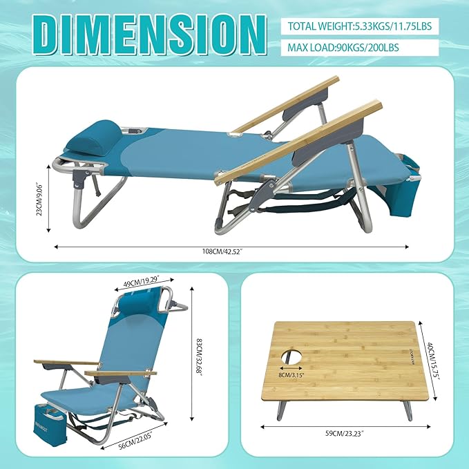 Folding Backpack Beach Chair for Adults &amp Teens Aluminum 5-Position Lay Flat Lounge Chair with Camping Bamboo Table 200LBS Beach Reclining Chair Outdoor with Cooler Bag Cyan
