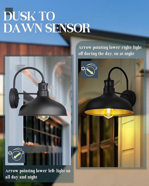 2 Pack 12 Motion Sensor Barn Lights Outdoor Wall Lights with Dusk to Dawn Feature IP65 Waterproof Farmhouse Gooseneck Light for House Patio GarageHSMD2215-2