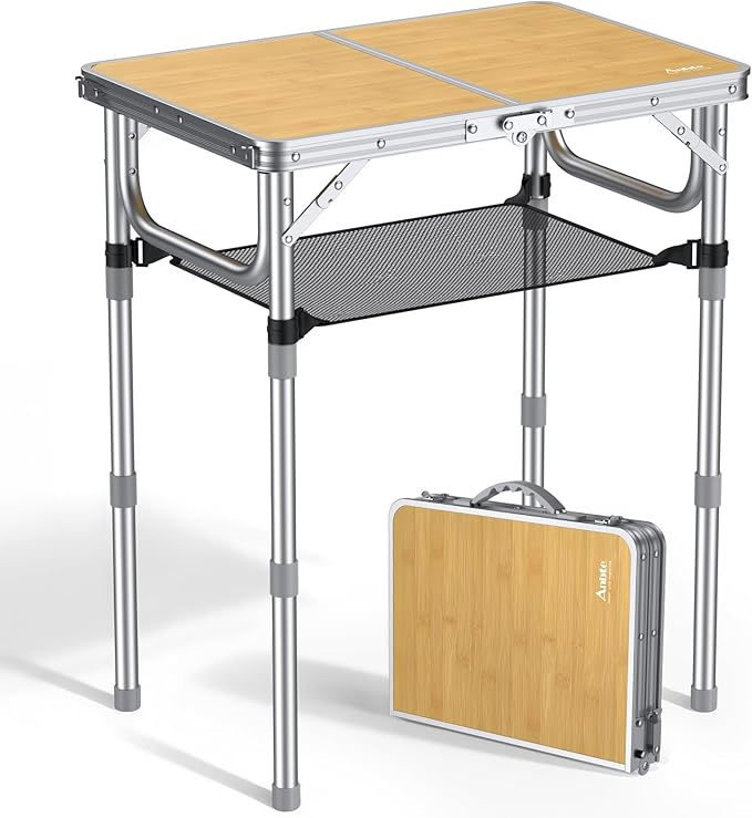 Anbte 2ft Camping Table Foldable 3 Adjustable Heights High 27.5 Aluminum Small Folding Table with Carrying Handle Portable for Outdoor Indoor Picnic Beach BBQ Travel 24 x 16 Light Oak Grain