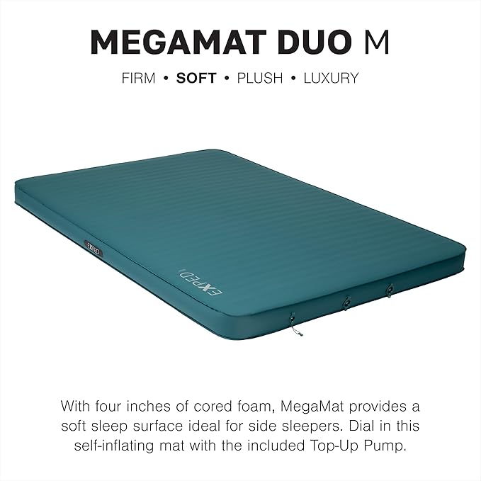 Exped MegaMat Duo Medium - Self Inflating Soft Car Sleeping Mat 4” Foam Pad Pump Included