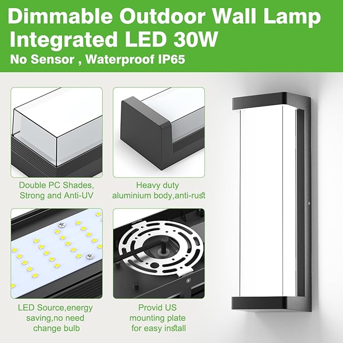 10%-100% Dimming LED Modern Outdoor Wall Light 2 Packs 16in 6000K Dimmable Porch &amp Patio Wall Light FixtureBlack Aluminum&ampDual PC Wall Lights for Garage Living Room Courtyard House(2Packs 60