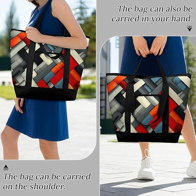 Insulated Shopping BagLarge Reusable Cooler Bags Diagonal Geometric Printed Foldable Shopping BagTravel Waterproof Shoulder Bag