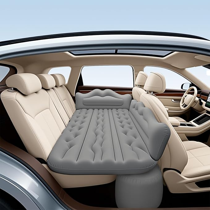 BEBAS Car Air Mattress Inflatable Truck Camping Mattress for Back Seat Thickened SUV Portable Travel Sleeping Pads with 2 Pillows &amp Air Pumps Fits Most Sedan/Pickup/Van Gray Bed
