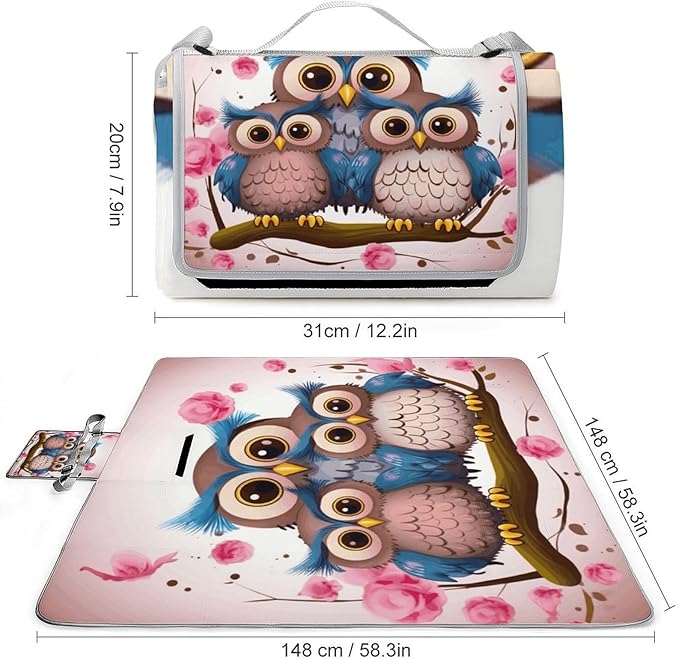 Cute Owls Beach BlanketPortable Waterproof Picnic Blanket58.3''x 58.3'' Extra Large Picnic Mat for BeachCamping Grass Lawn Park Accessorie for Festival BBQ