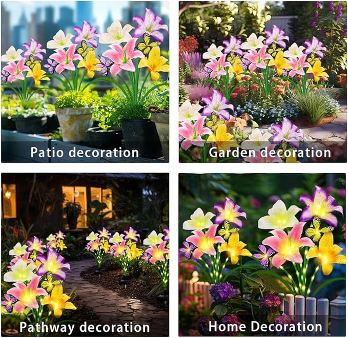 Solar Garden Lights 2 Pack with 8 Lilies Outdoor Decorative Flower Lights for Garden Gift for Family and Friends IP65 Waterproof Flower Solar Outdoor Stake Lights for Yard Patio Lawn Pathway