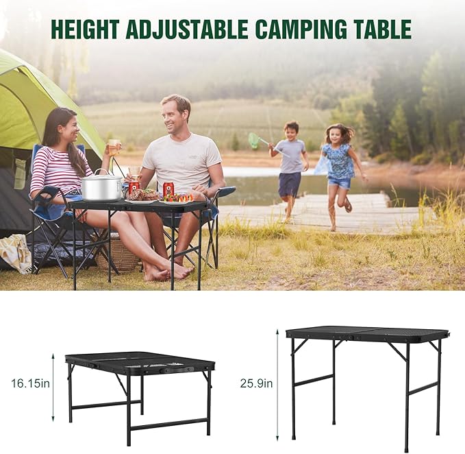Camping Table with Mesh Desktop Height Adjustable Outdoor Folding Table Lightweight Metal Grill Table for Camping Picnic BBQ Beach Party RV