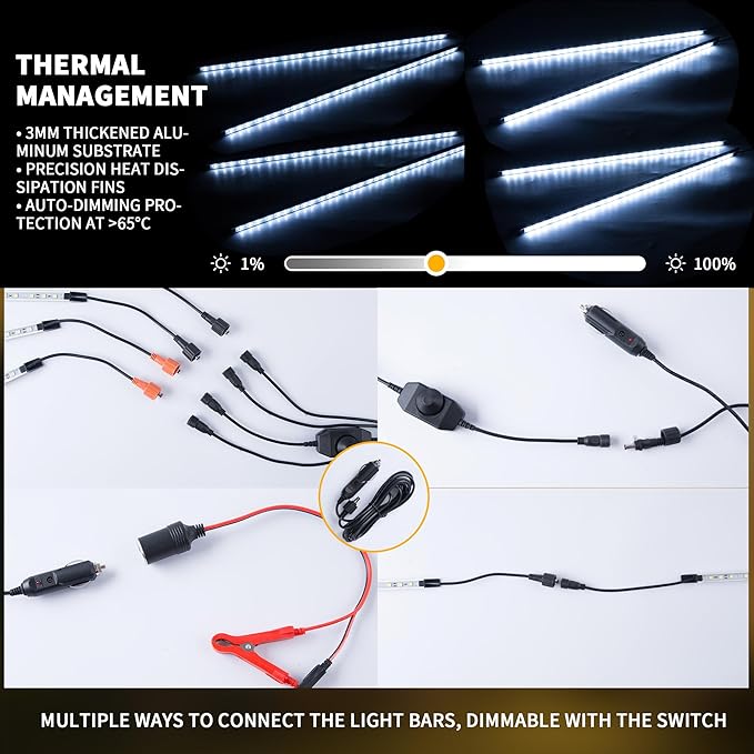 12V LED Interior Light Bar Kit 4 Bars White Adjustable Brightness RV Camping Lights - Waterproof IP67 Magnetic &amp Velcro Mount Portable Lighting for Tent Car Trailer Boat Truck Off-Road Ca