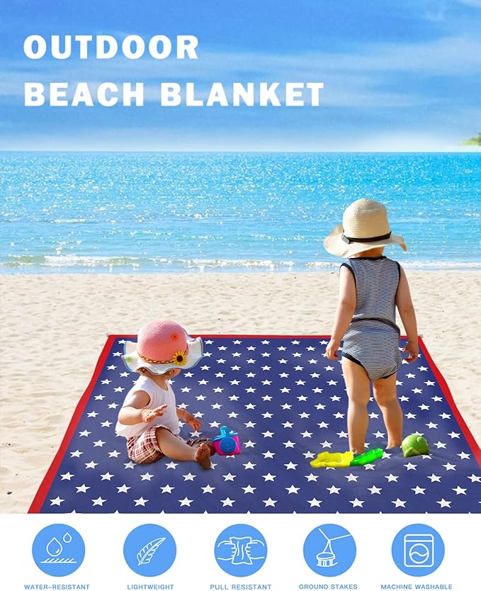 Beach Blanket Waterproof SandproofIndependence Day July 4th Extra Large 118X108 Picnic Blanket Beach MatLightweight Durable Camping Blanket with 4 Stakes for Beach TravelPatriotic American Flag