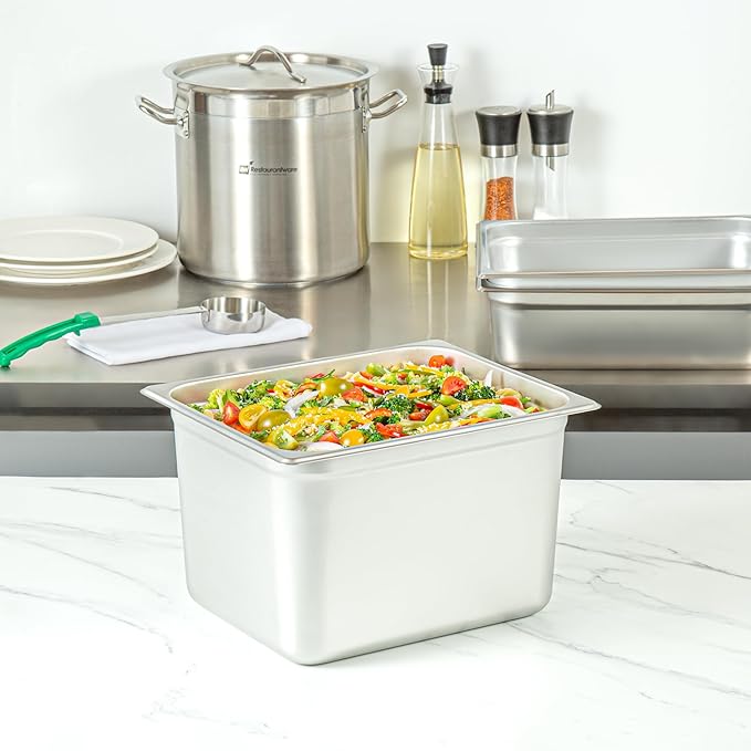 Restaurantware-Kitchen Tek 1/2 Half Size Steam Table Pans 6 Anti-Jam Steam Pans - Lids Sold Separately 8” Deep 24 Gauge Stainless Steel Hotel Pan Freezable for Catering Events and Parties