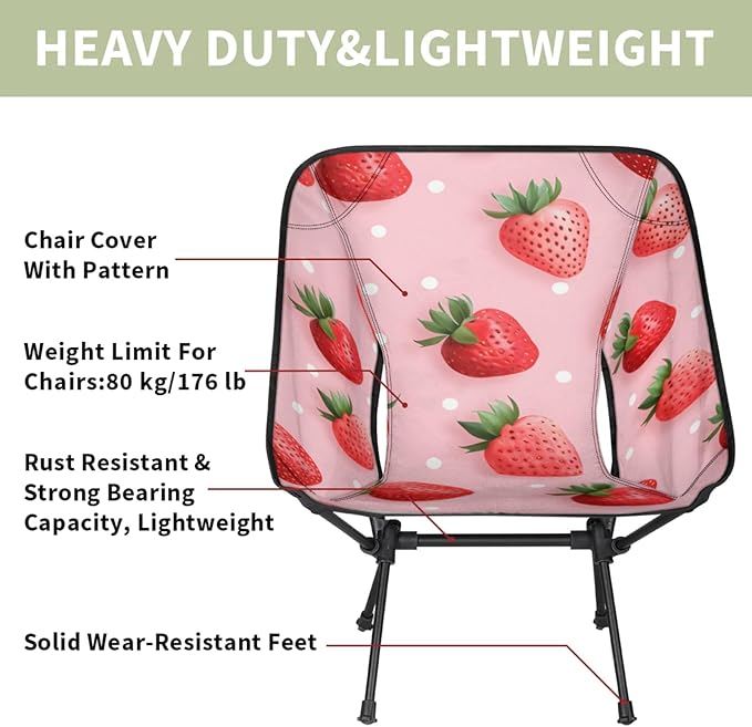 Honeybaby Folding Camping Chair Cute Red Strawberries Camping Chairs Lightweight Portable Chair Outdoor Foldable Chairs for Camping Travel Picnic Beach Hiking