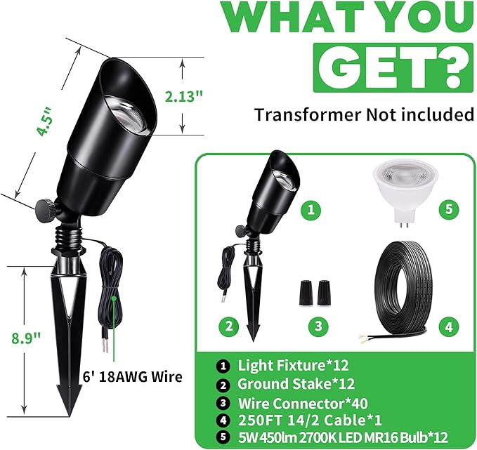 Black Outdoor LED Landscape Lights Kit with 12 Pack 12V Low Voltage Spotlight and 250FT Cable and 40 Wire Connectors Waterproof Aluminum Spotlights for Home Patio Without Transformer