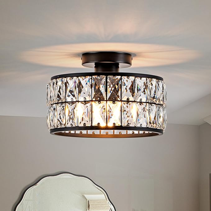 Crystal Ceiling Light Modern Flush Mount Ceiling Light Black Crystal Chandelier for Kitchen Bedroom Bathroom Entryway Hallway 1 Light