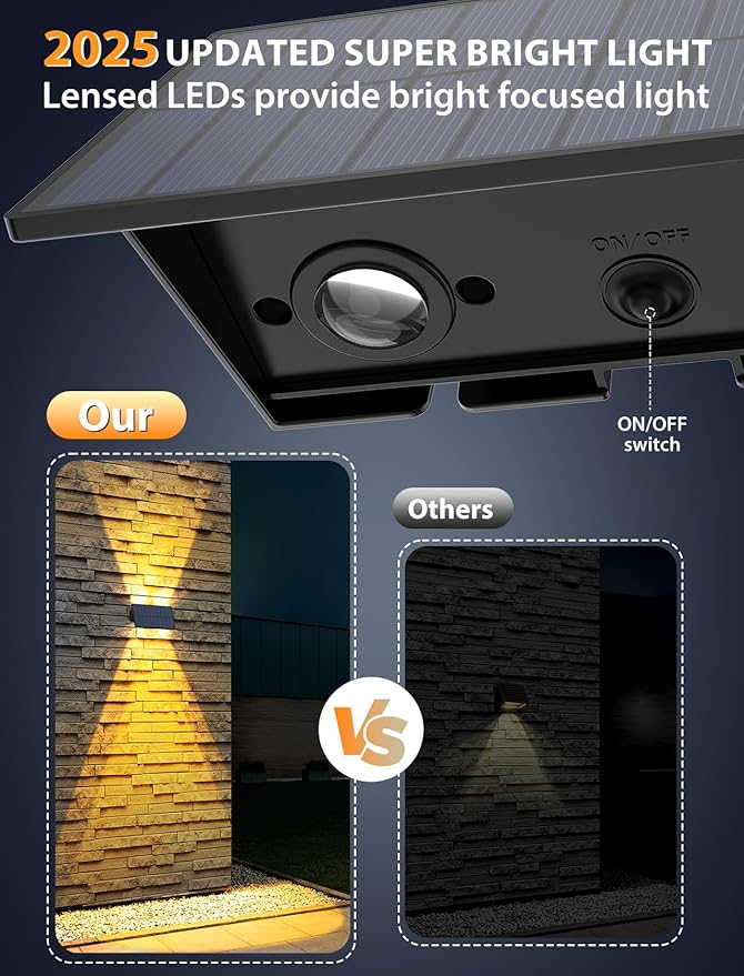 Solar Fence Lights12Pack Solar Lights Outdoor Warm White Up &amp Down Wall Lights Waterproof 100 Lumens Dusk to Dawn Solar Powered Fence Light for Outside/Backyard/Pool/Railing/Patio/Porch/Step