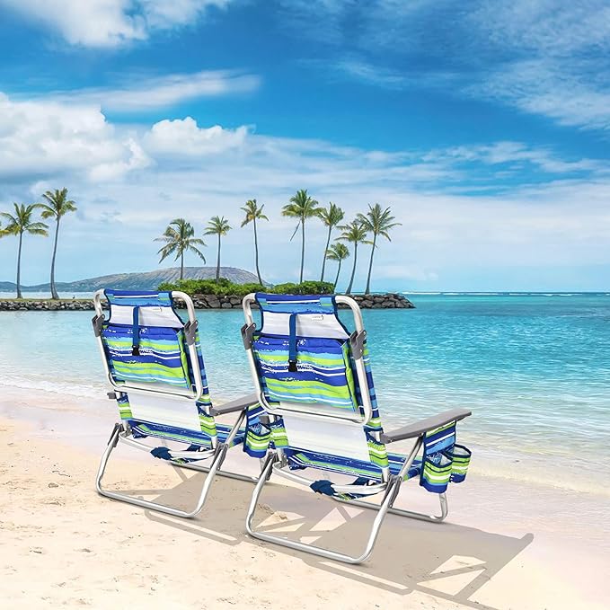 GYMAX Beach Chairs Backpack Camping Chair with Armrest Cooler Bag Cup Holder Towel Bar &amp Side Pockets Sunbath Sling Tanning Lounge Folding Layout Chair (Without Table Blue Stripe)