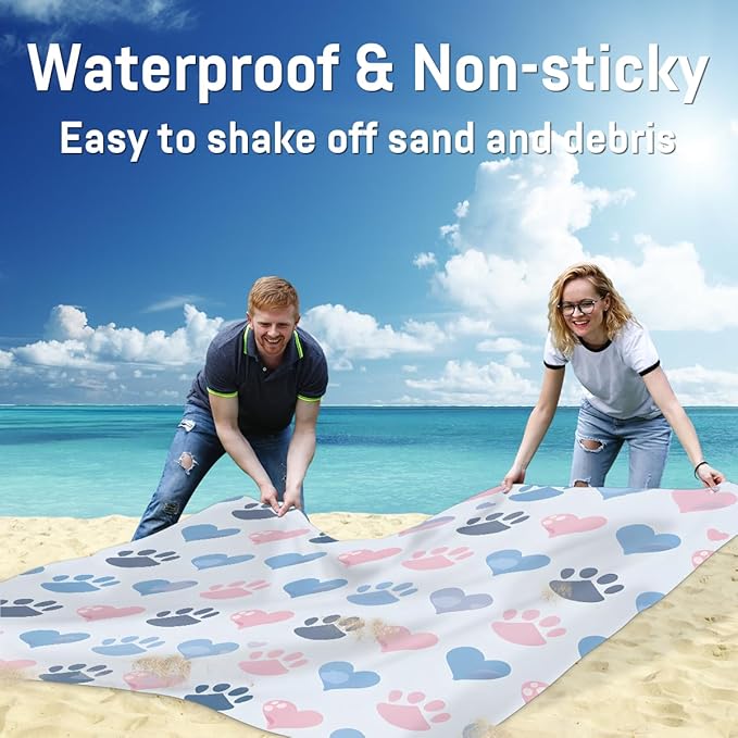 Waterproof Sandproof Beach Blanket 59''×68'' Heartwarming Footprints Polyester Outdoor Picnic Blanket with 4 Stakes &amp Storage Bag for BeachCampingVacation Blue