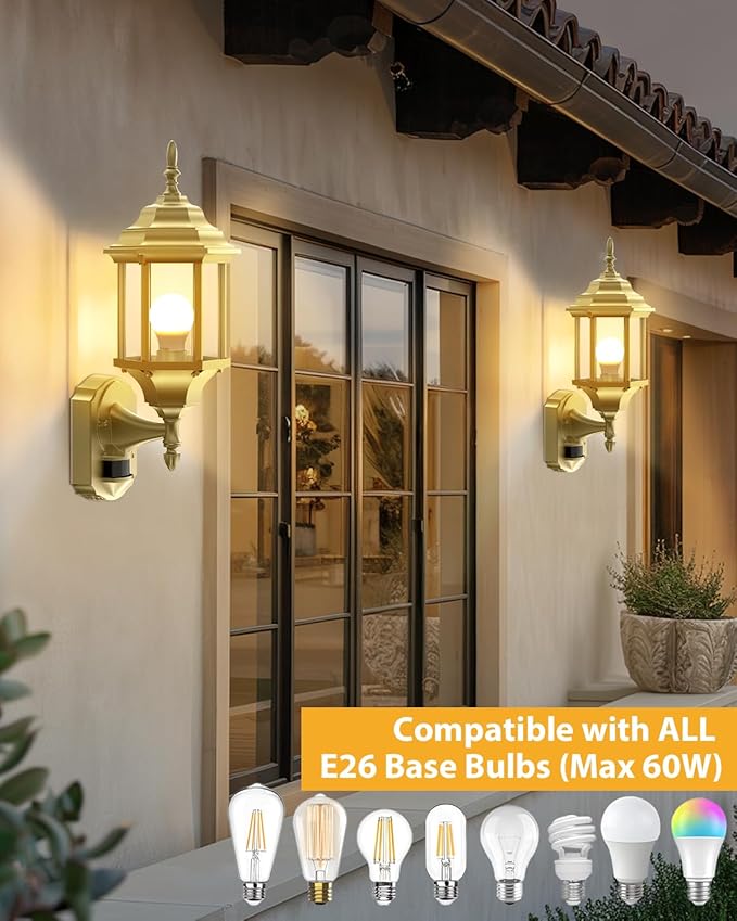 Redluck Motion Sensor Outdoor Lights 2 Pack 16 inch Dusk to Dawn Outside Porch Lights Waterproof Anti-Rust Aluminum Outdoor Wall Lights Exterior Lighting Fixtures for House Garage Front Door Gold