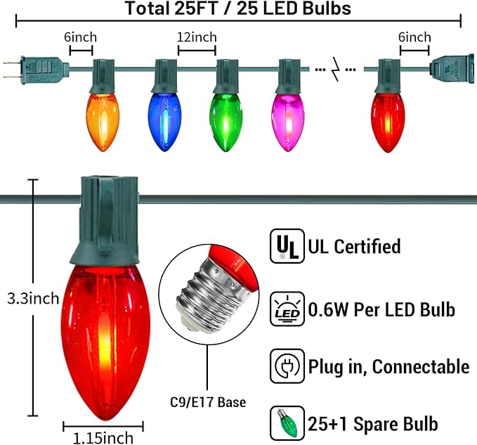C9 LED Christmas Lights Outdoor Waterproof 25Ft Shatterproof Colored Christmas Lights LED Multicolor C9 Outdoor Christmas Lights for House Christmas Tree Yard Garden Decor 25+1 LED Bulbs 0.6W