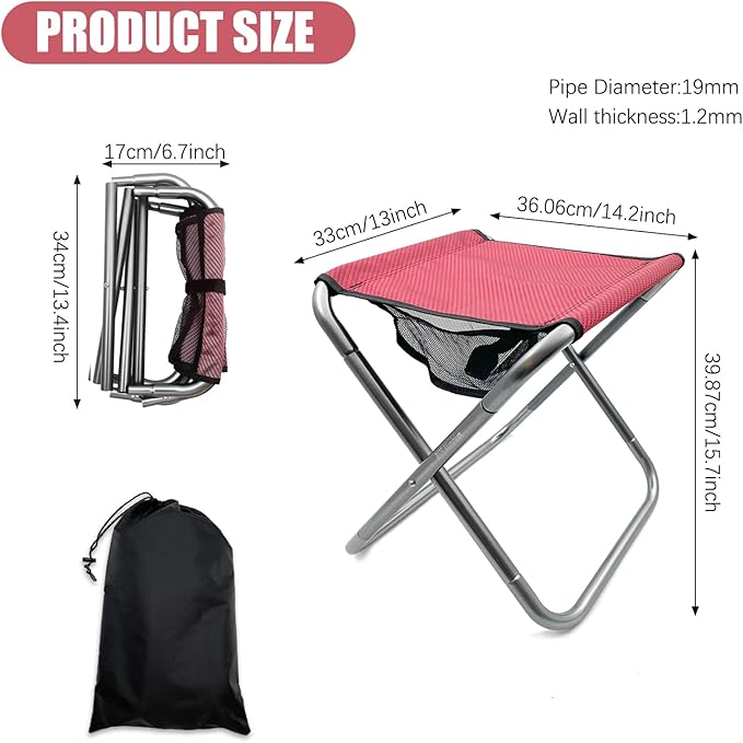 Folding Camping Stool 16 Inch Tall Portable Folding Stool Aluminum Alloy Lightweight Stool Seat Red Foldable Stool with Carry Bag for Fishing Outdoor Camping Hiking and BBQ (Red)