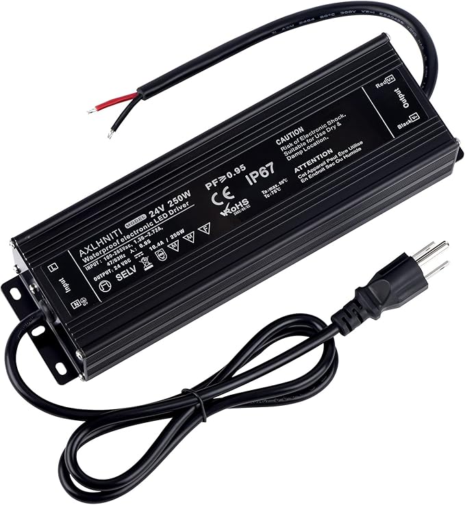 LED Power Supply 250W Waterproof IP67 100V-265V AC to 24V DC 3-Prong Plug with 3.3 Feet Cable for LED Strip Lights