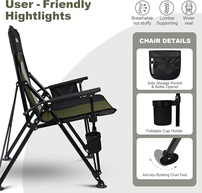Camping Chair Portable Folding Lawn Chair Comfortable Hard Arm Sturdy for Family Camp Outdoor Sports Beach Travel Support 400 lbs Black&ampGreen