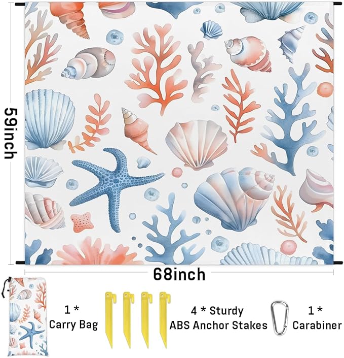 Waterproof Sandproof Beach Blanket 59''×68'' Blue &amp Orange Polyester Outdoor Picnic Blanket with 4 Stakes &amp Storage Bag for BeachCampingVacation Ocean Shell