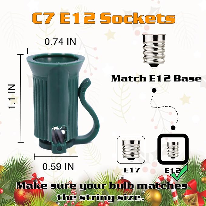 250FT C7 Light String Christmas Stringer E12 Christmas Sockets 12 Spacing C7 Stringer Set Green Outdoor String Light for Wedding Patio Event Lighting Decor Green Wire