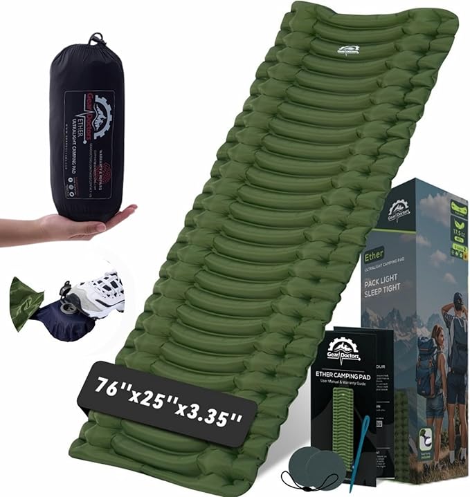 Gear Doctors® Ether 17.5oz Ultralight Camping Sleeping Pad – Backpacking Air Mattress – Camping Mattress Pad – Compact Inflatable Sleeping Mat for Backpacking Comfortable Outdoor Hiking Tent Travel