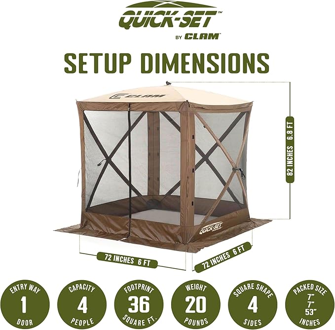 CLAM Pop Up Screen Tent Outdoor Camping Gazebo Canopy Traveler 6' x 6' Brown