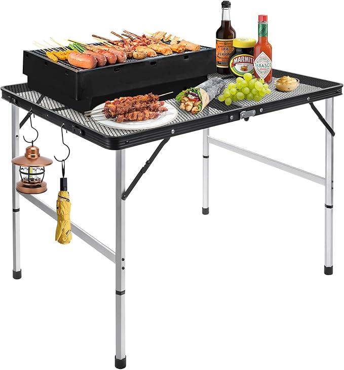 jkwokback 3ft x 2ft Grill Table Portable Camping Table Waterproof Black Folding Table with Adjustable Height Camping TableFolding Camp Table for BBQCamping Outdoor Sports Beaches and Picnics