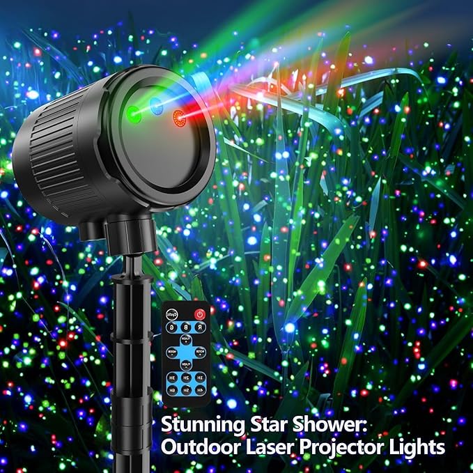 Laser Christmas Porjector Lights Waterproof Laser Light Projector Outdoor 3-Color Star Shower Laser Lights Remote Control &amp Timing Perfect for Holidays Party Garden Decor