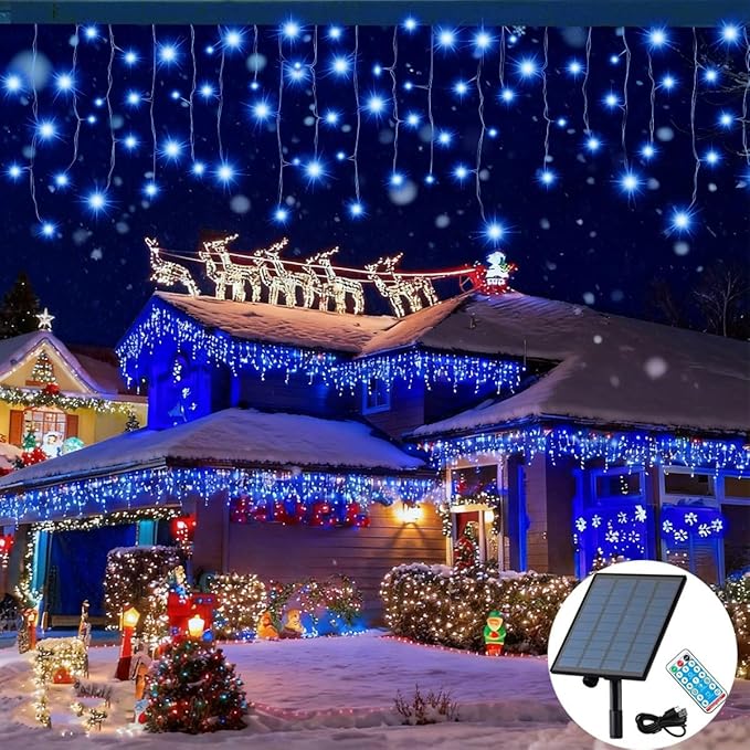 320LED Solar Christmas Lights Outdoor Waterproof Christmas Decorations Curtain Lights 29.5ft 60 Drops8 Modes Solar Powered Rechargeable Fairy Lights for Party HolidayWedding Decorations (Blue)