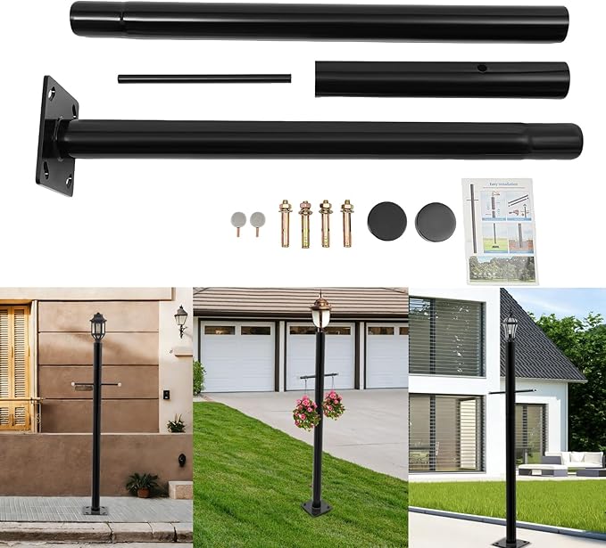 8FT Outdoor Lamp Post Split Street Light Pole with Cross Arm Base Mount Lighting Post Fixtures for Pathway Courtyard Parking Lot Fits Standard 3 Post Top Fixtures (8FT 76mm Base Mount)