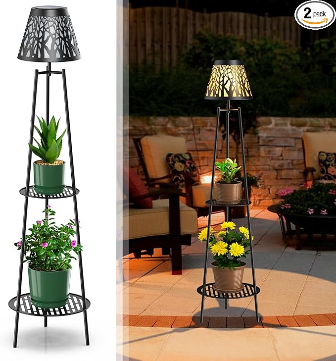 MXwcy 2 Pack Metal Solar Floor Lights Outdoor with Plant Stands 45.5'' Solar Powered Street Lights for Garden Yard Pathway Driveway Porch