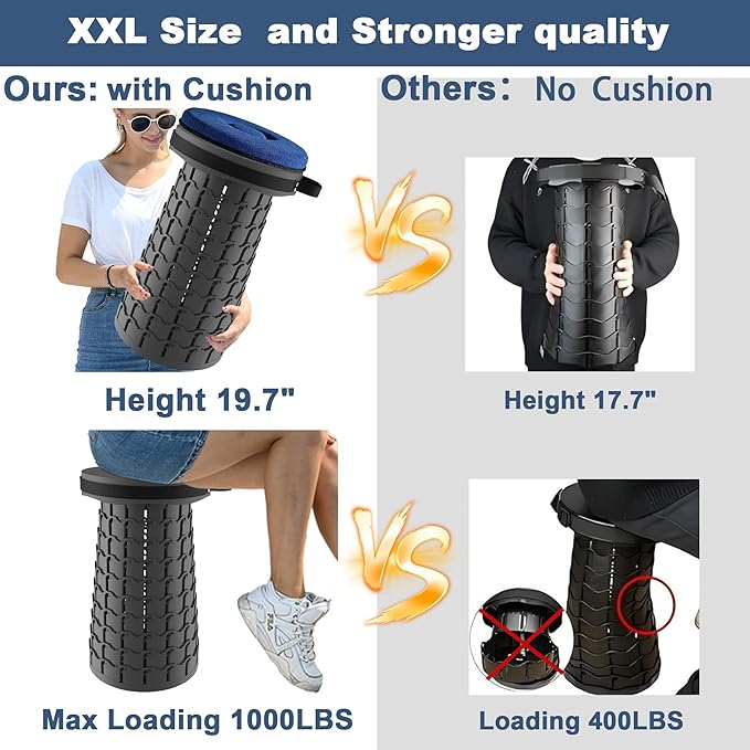 ALEVMOOM XXL Collapsible Stool with Thick CushionTaller 19.7 Wider 11.8 Camping Chair More Sturdy Capacity 1000LBSPortable Telescoping Adjustable Stool for Garden Fishing Hiking BBQ (Large Black)