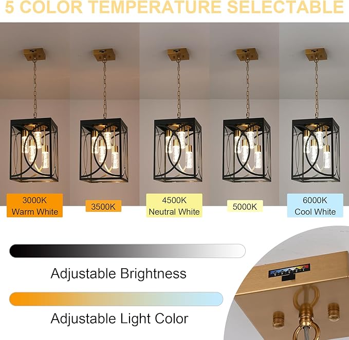 4-Lights Large 5CCT LED Outdoor Pendant Light Fixture Porch Hanging Lighting Build-in LED Chips Modern Exterior Lantern Chandelier Ceiling Mount for Patio Front Door