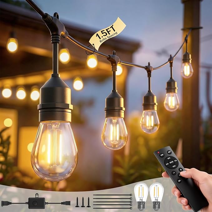 50FT S14 Outdoor String Lights 32+2 Shatterproof Bulbs 2W 1.5FT Spacing IP65 Waterproof| Dimmable with Remote Heavy-Duty Include Screw &amp Zip Ties for Patio Backyard Holiday Outside