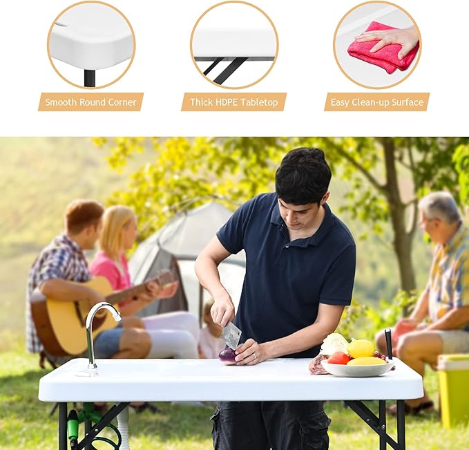 Goplus Folding Fish Cleaning Table with Sink and Spray Nozzle Heavy Duty Fillet Table with Hose Hook Up and Faucet Portable Outdoor Camping Sink Station for Dock Beach Patio Picnic