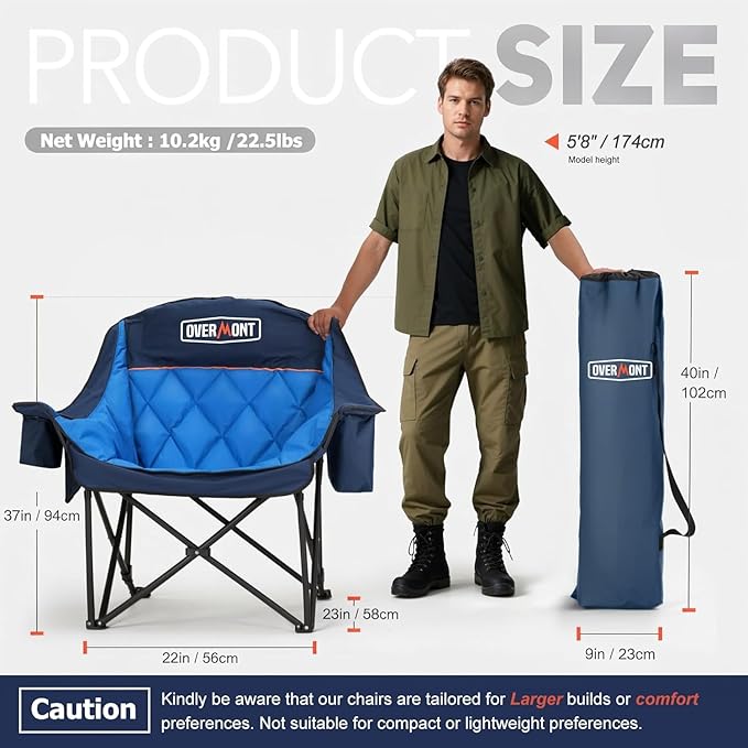 Overmont Oversized XL Camping Chair for Adults - 400lbs Support Heavy-Duty Padded Folding Chair with Side Pocket Cup Holder Cooling Bag for Outdoor Sports Garden Beach Fishing Lawn Blue 2pcs