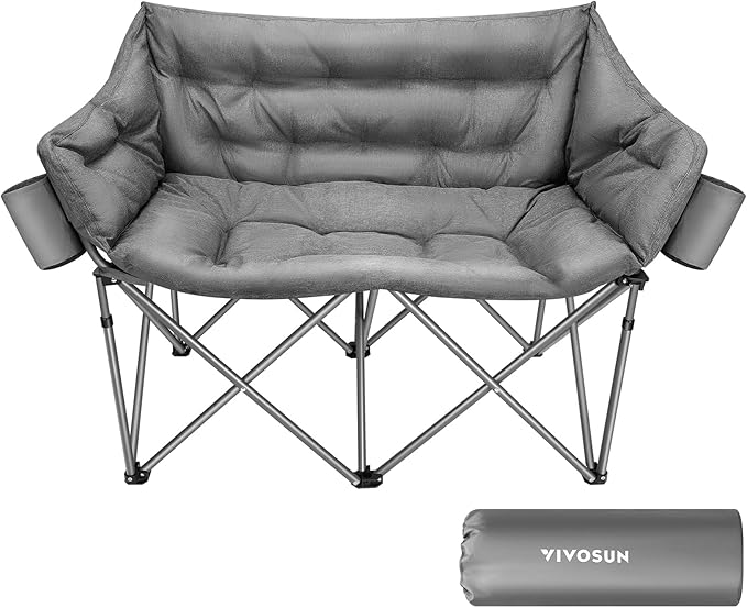 VIVOSUN Double Camping Chair Fully Padded Folding Loveseat Oversized Duo Chair with Cup &amp Wine Glass Holders Pocket Armrests &amp Carry Bag