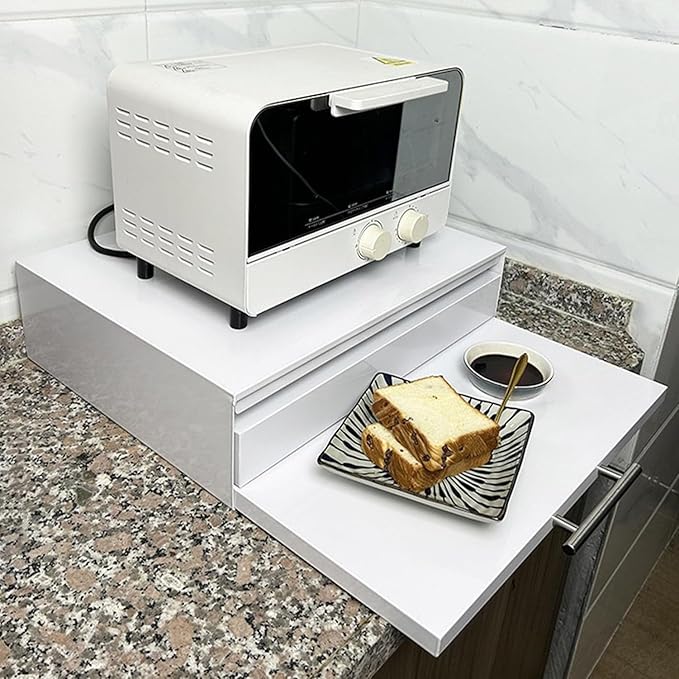 Pull Out Drawer Countertop Organizer Steel Microwave Stand Compact Storage Shelf for Kitchen Coffee Station Spice Rack Pantry (White)