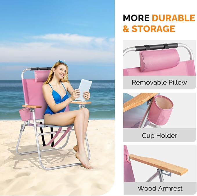 VINGLI Aluminum Backpack Beach Chair – Tall Beach Chairs for Adults Portable with Adjustable Straps 3-Position Reclining Cup Holder High Lightweight Beach Chairs for Beach (Pink 17 High)