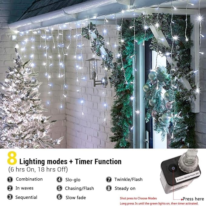 LYHOPE Icicle Christmas Lights 432 LED 35.4ft 8 Modes Icicle String Lights with 72 Drops Window Curtain Fairy Lights for Xmas Eaves Wedding Garden Outdoor Indoor Decor (Clear White)