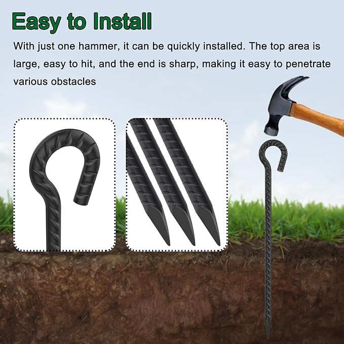 16 Inch Rebar Ground Stakes with Loop 1/2 inch Diameter Steel Tent Stakes (12 pcs) Heavy Duty Tree Stakes and Supports Dog Tie Out Stakes Metal Spikes for Outdoor Camping and Yard Black