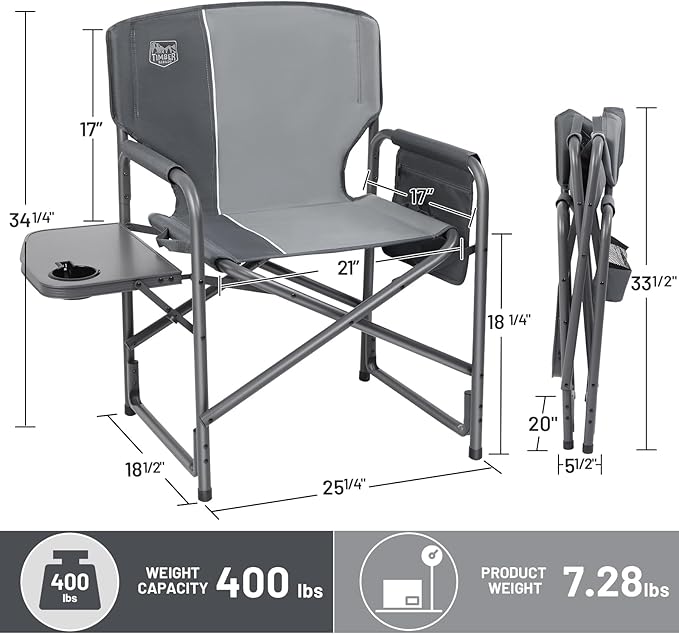 TIMBER RIDGE Aluminum Oversized Camping Chair Lightweight Portable Directors Chair with Side Table Detachable Side Pocket for Outdoor Camping Lawn Picnic Support 400lbs Grey 2 Pack