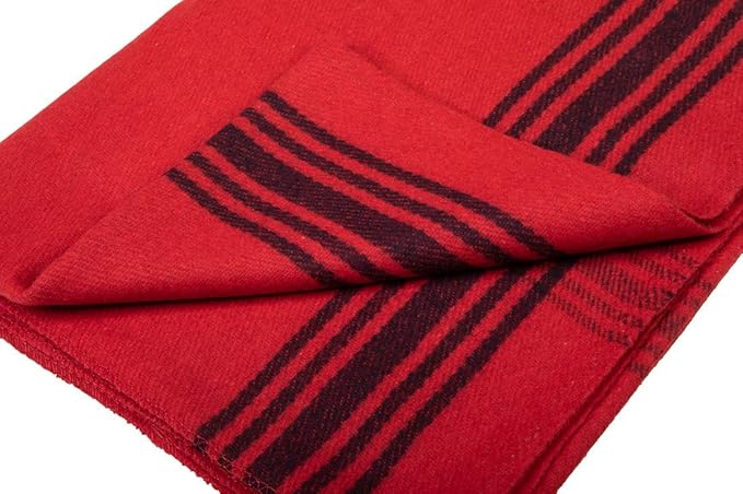 Farm Blue Wool Blanket Military Style - Thick &amp Lightweight Army Camping Blankets 80 x 62 - Large Camp Survival Blankets for Car Hiking Backpacking &amp Outdoor Festivals (Red with Navy Strip