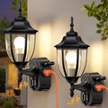 2 Pack Porch Lights with Outlet Motion Sensor Outdoor Lights Updated Dusk to Dawn Exterior Lighting Fixtures Waterproof Anti-Rust Aluminum Outside Light for House Entryway Garage Black