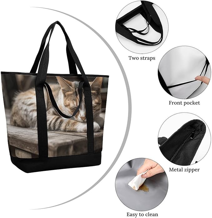 Insulated Shopping BagLarge Reusable Cooler Bags Cat Sleeping Printed Foldable Shopping BagTravel Waterproof Shoulder Bag