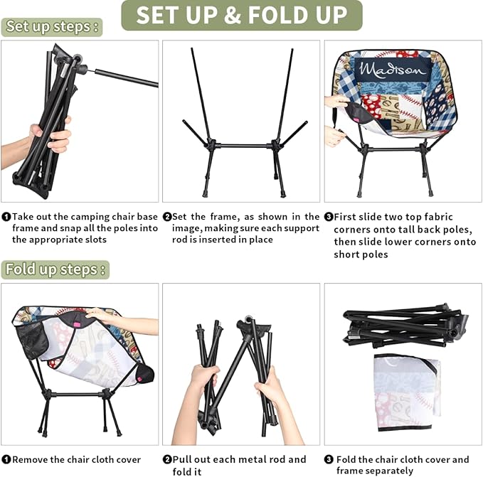 Custom Camping Chair Personalized Portable Backpacking Chair with Name Lightweight Folding Chair for Beach Hiking Baseball Plaid